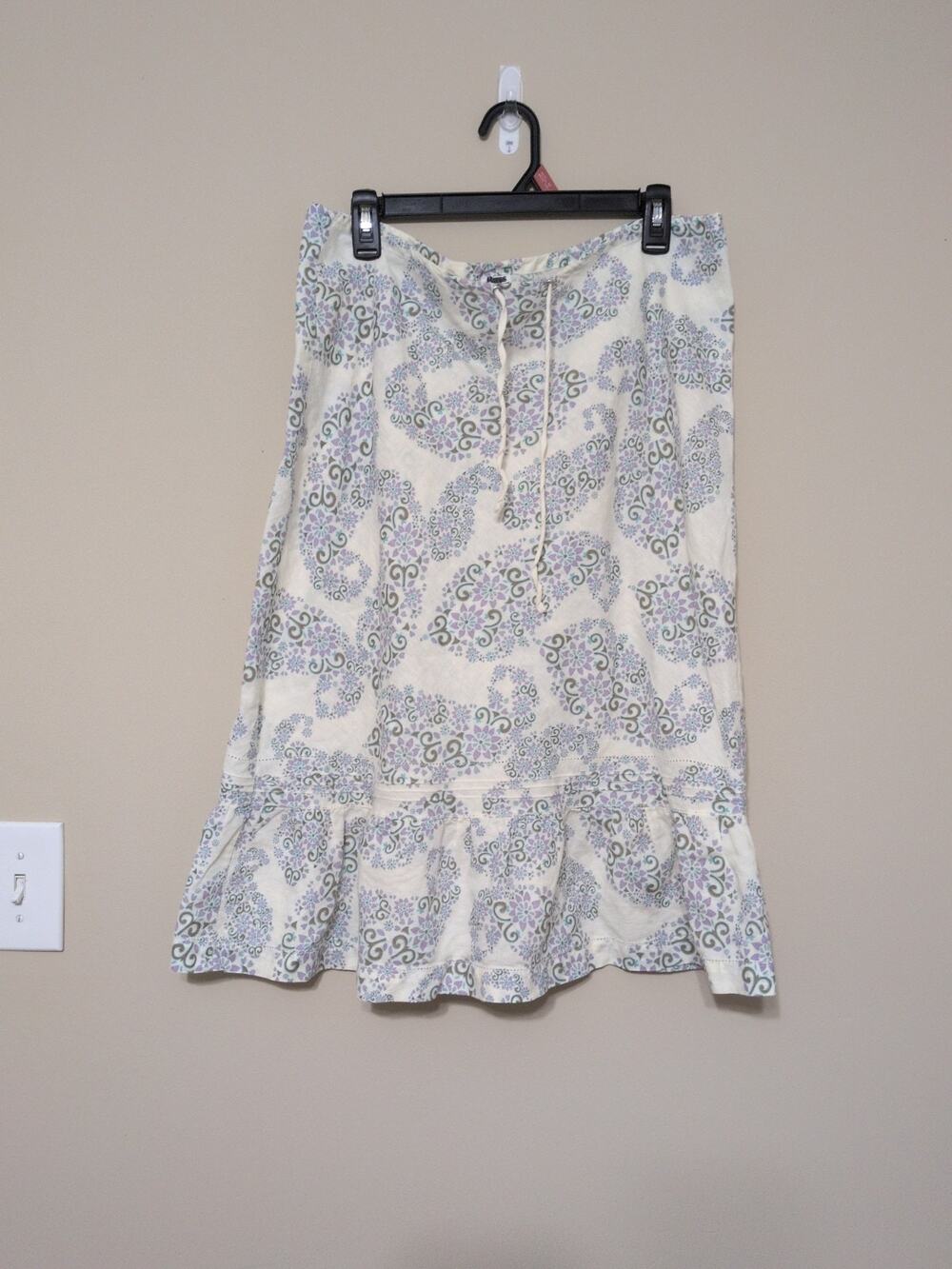 Cottagecore Cream Floral Paisley Linen Ruffle Drawstring Boho Chic Skirt